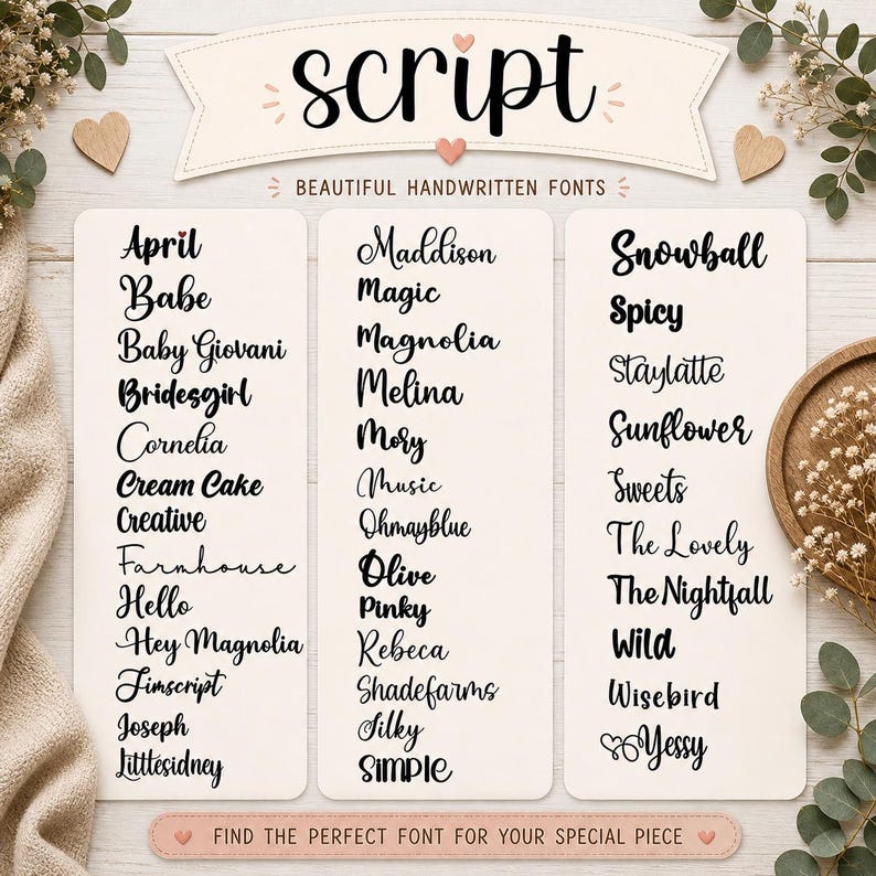 May include: A graphic showcasing a variety of handwritten fonts. The word "script" is displayed at the top, with font names like "April", "Maddison", and "Snowball" listed below. The image is decorated with hearts and floral accents.