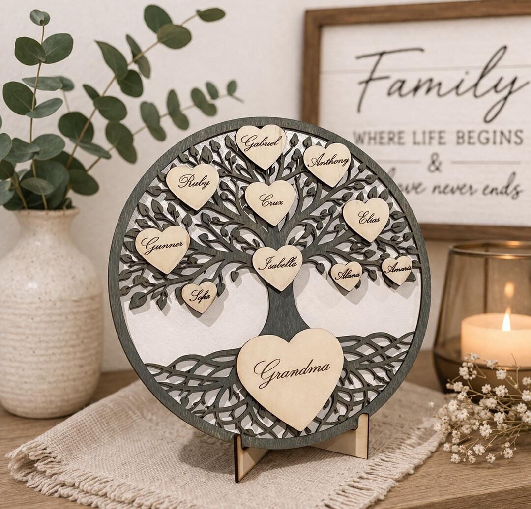 Personalized Family Tree Sign, Engraved Wooden Hearts, Custom Keepsake ...