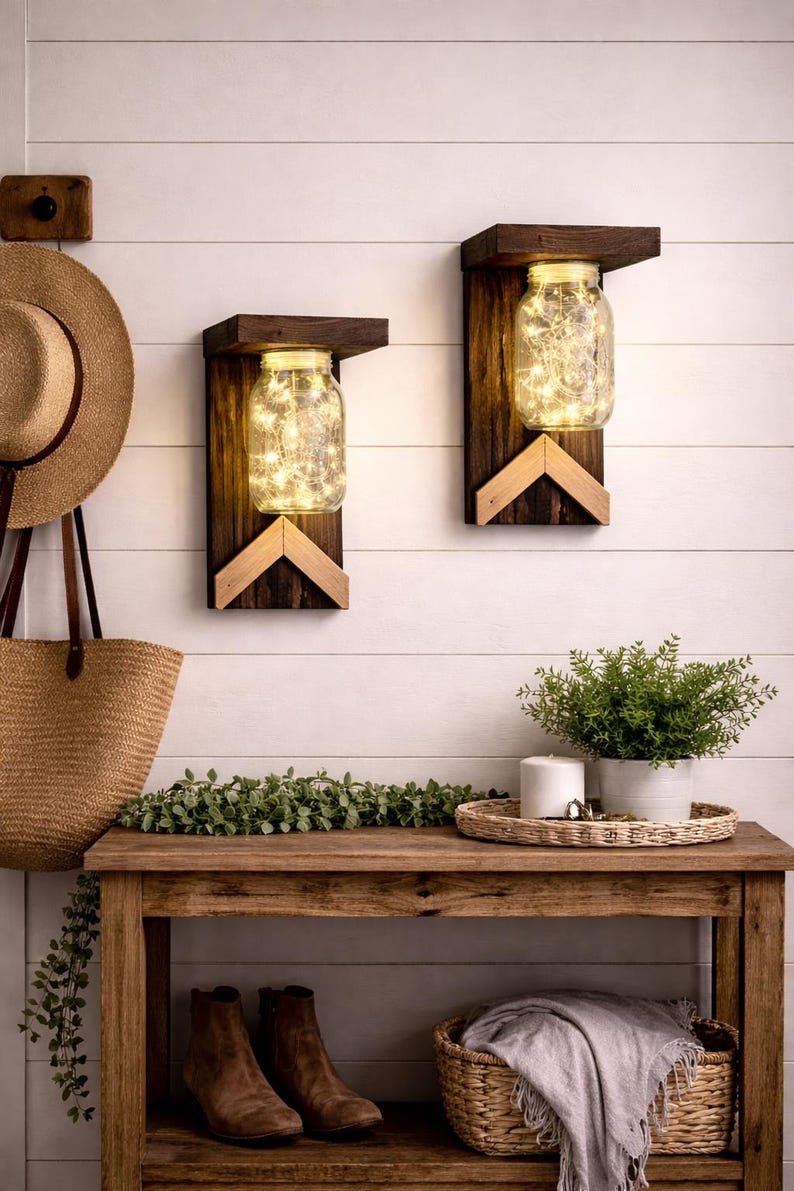 Rustic Task Sconces Rustic Mason Jar Wall Sconce Set / Farmhouse Lantern Lights / Entryway ...