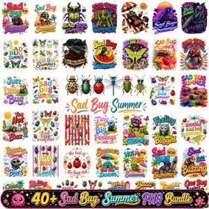 May include: A digital collection of over 40 colorful graphic illustrations featuring various insects, beetles, and butterflies with the text Sad Bug Summer, Tiny Bug Big Feelings, and other phrases, presented in a grid layout for design projects.
