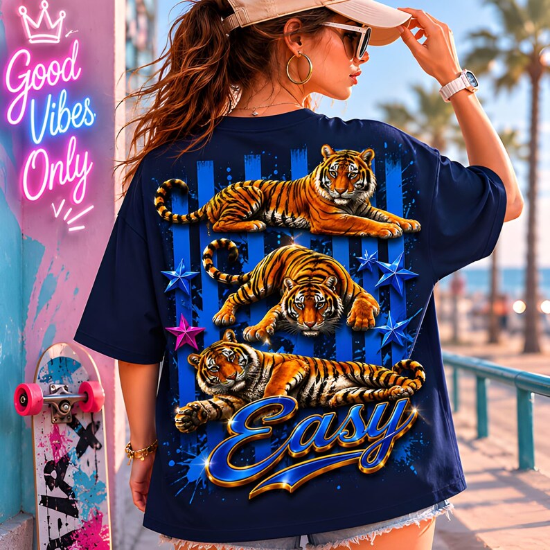 May include: Navy blue t-shirt featuring three orange tigers with black stripes, blue stars, and the word "Easy" in a blue and gold font. The shirt also has blue vertical stripes and a splash effect.
