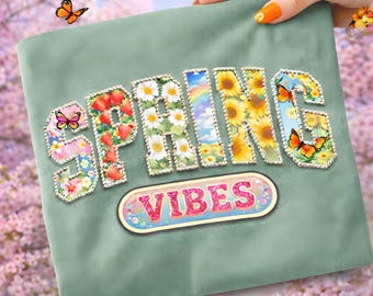 Floral Varsity Frühling Vibes PNG, bunte Blumen Schmetterlinge Sublimationsdesign (Digitaler Download)