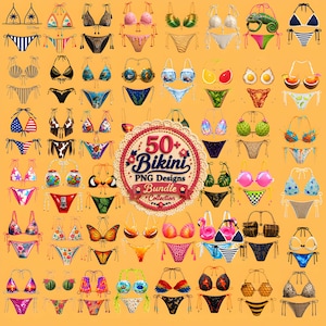 Peut inclure: Une collection numérique de plus de 50 modèles de bikinis présentant divers motifs, couleurs et thèmes, incluant des imprimés animaliers, des motifs alimentaires et des graphismes floraux, centrée sur un badge 50+ Bikini PNG Designs Bundle.