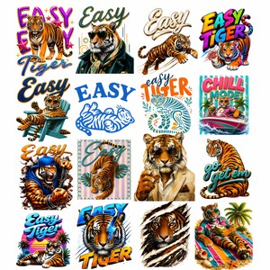 May include: A collection of colorful graphic designs featuring tigers in various poses. The designs include text such as "Easy Tiger" and "Chill Mode". The tigers are depicted wearing sunglasses and in relaxed settings.