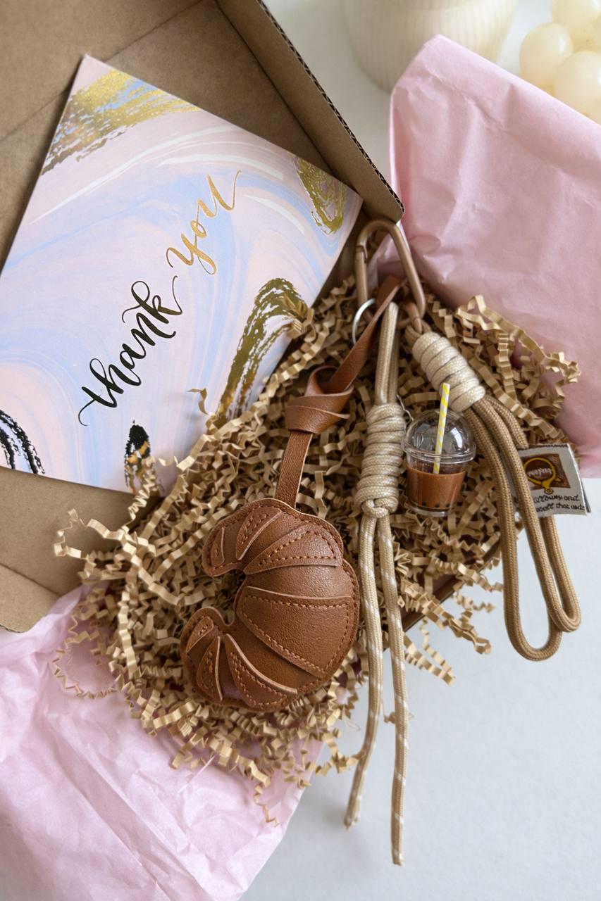 Brown Croissant Bag Charm – Faux Leather Parisian Café Keychain