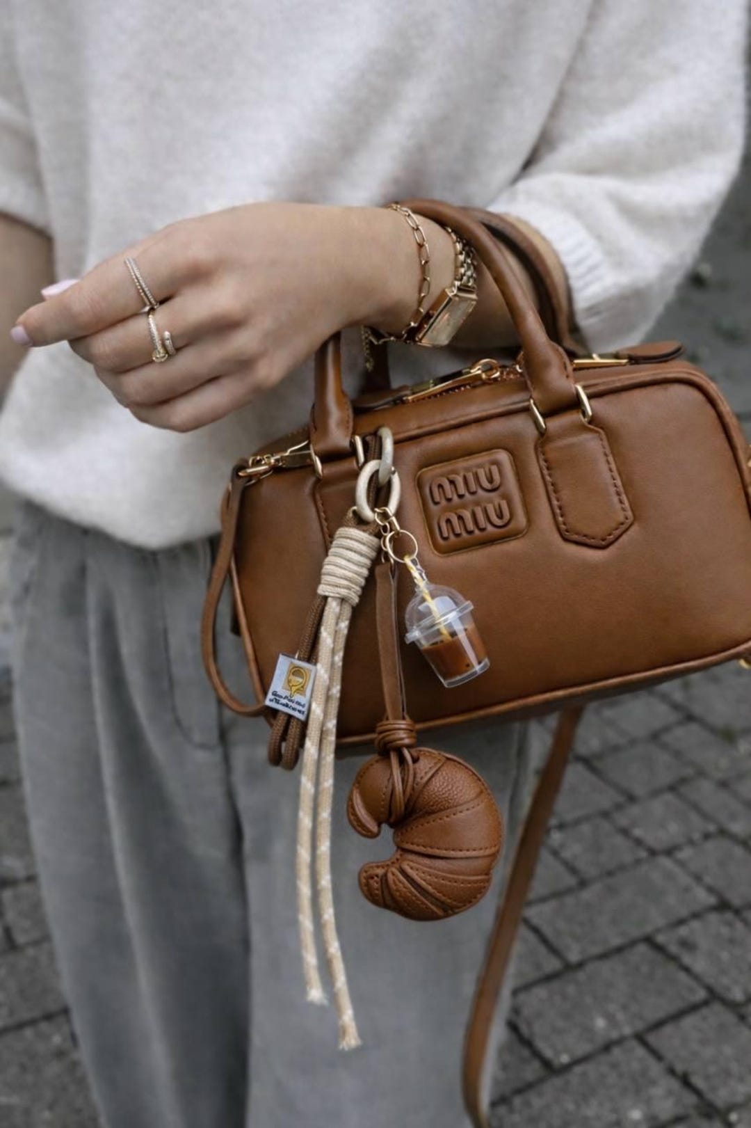 Brown Croissant Bag Charm – Faux Leather Parisian Café Keychain