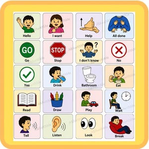 May include: A communication board featuring a grid of twenty colorful icons with English text labels. Each square displays a cartoon illustration representing daily actions or needs, such as Hello, Go, Stop, Yes, Drink, Bathroom, Eat, Read, and Break.