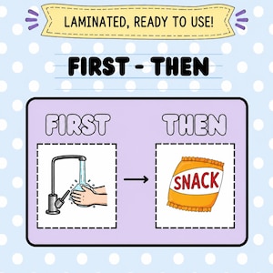 May include: A laminated visual schedule board featuring the text LAMINATED, READY TO USE! and FIRST - THEN. The board displays two boxes: one showing hands washing under a faucet labeled FIRST, and one showing an orange snack bag labeled THEN.