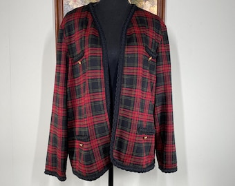 Vintage Cricket Lane Jacket Top Women's 16 Red Black Plaid Braided Trim USA VTG