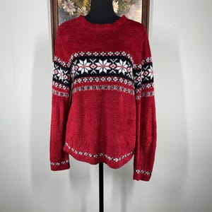 Jersey de punto afelpado vintage Croft & Barrow para mujer, talla M, color rojo, estampado nórdico de copos de nieve.