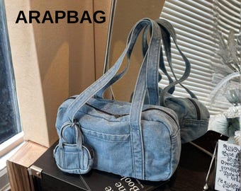 2 pièces ensemble de sacs à bandoulière en jean pour femmes grande capacité fourre-tout en jean avec portefeuille suspendu sac à main décontracté pour les aisselles