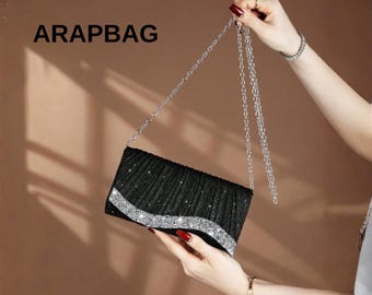 Mini pochette plissée en strass avec chaîne brillante sac à main de soirée pliant carré pour soirée de mariage gala élégant sac pour femmes