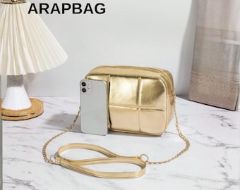Mini sac à bandoulière matelassé doré pour femme pour appareil photo
