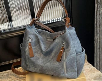 Sac à bandoulière en PU effet denim pour femme, grande capacité, sac fourre-tout minimaliste à bandoulière, avec bandoulière et poches amovibles