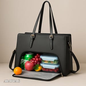 May include: A black structured tote bag with two top handles and a lower insulated compartment. The open compartment reveals a green soda can, a red apple, a cluster of red grapes, a yellow lemon, and two stacked clear food containers.