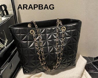 Sac fourre-tout matelassé en cuir synthétique polyuréthane noir pour femme, grande capacité, sac à bandoulière en chaîne, motif losange, fermeture éclair, sac à main pour banlieue