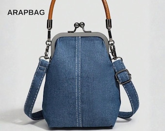 vintage Sac à bandoulière en similicuir Kiss Lock Mini sac à main rétro rétro avec bandoulière réglable Sac à main léger de couleur unie