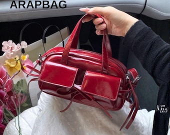 Sac à main pour femme en cuir PU bordeaux avec nœud rétro, mini sac bowling, sac à bandoulière multi-poches avec fermeture à glissière