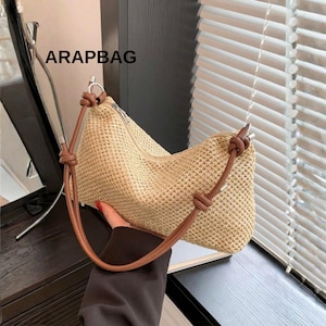 Hand Woven Patchwork Straw Tote Bag Womens Large Capacity Beach Bag Summer Travel Vacation Shoulder Handbag