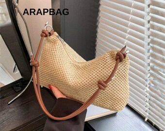Sac fourre-tout en paille tissé à la main pour femme, grande capacité, sac de plage, voyage d'été, vacances, sac à main à bandoulière