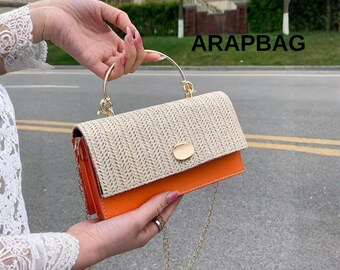 Élégant sac à main en paille pour femme, couleur aléatoire, couture, tissé, fourre-tout d'été, sac à bandoulière de plage, sac à main de vacances décontracté