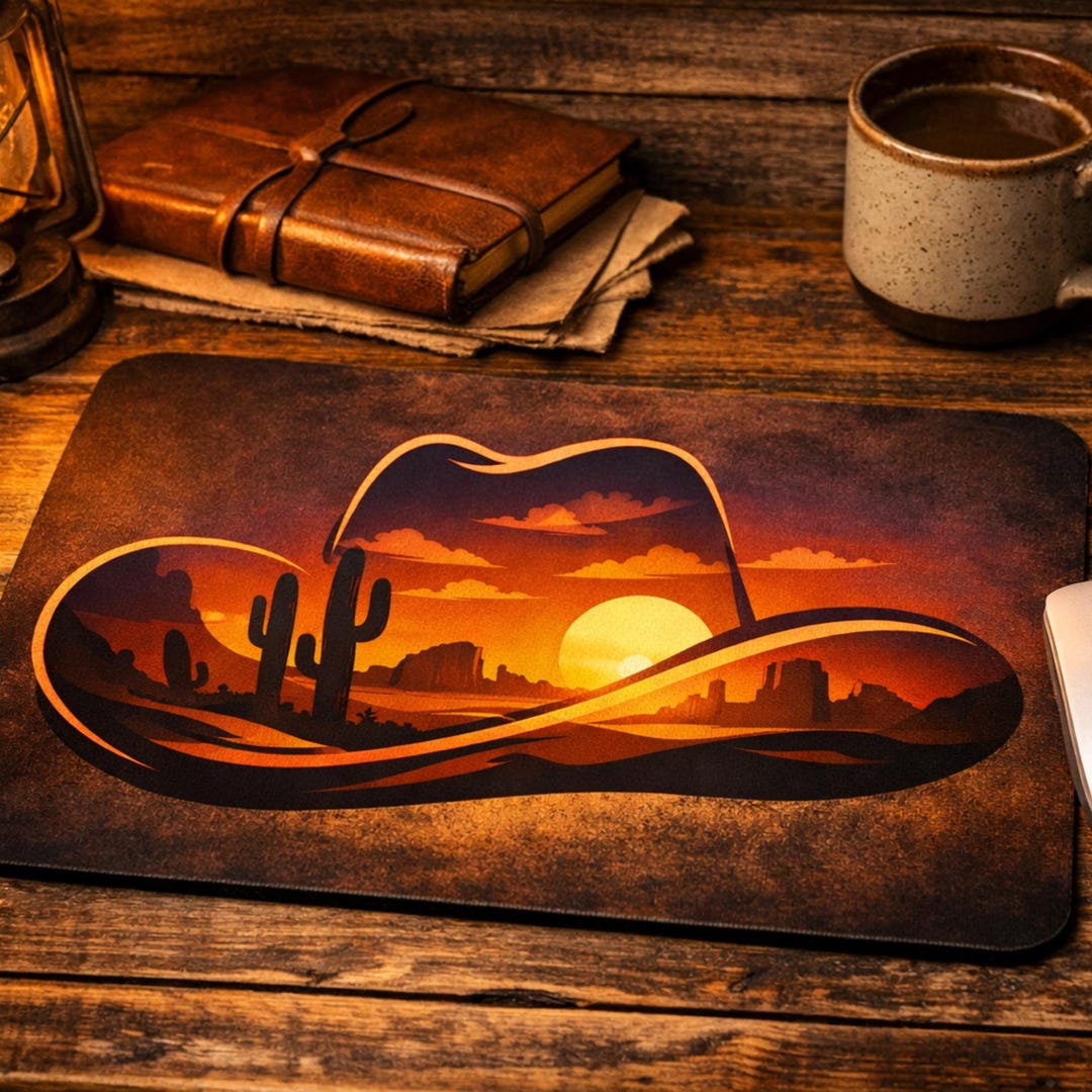 Cowboy Hat Sunset Mousepad, Western Desert Landscape Desk Mat, Retro ...