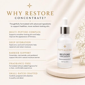 Puede incluir: Un frasco cuentagotas de vidrio blanco etiquetado como Peptalume Restore Concentrate Peptide Architectural Serum, 1 fl oz / 30 ml. El texto enumera beneficios que incluyen complejo multi-p&eacute;ptido, hidrataci&oacute;n profunda, soporte de barrera, sin fragancia y elaborado en peque&ntilde;os lotes.