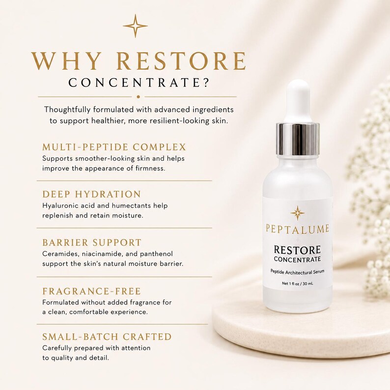 Puede incluir: Un frasco cuentagotas de vidrio blanco etiquetado como Peptalume Restore Concentrate Peptide Architectural Serum, 1 fl oz / 30 ml. El texto enumera beneficios que incluyen complejo multi-p&eacute;ptido, hidrataci&oacute;n profunda, soporte de barrera, sin fragancia y elaborado en peque&ntilde;os lotes.