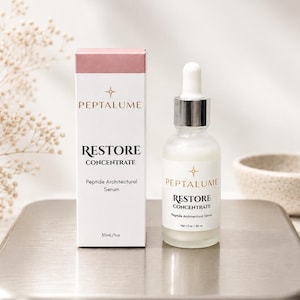 Puede incluir: Una caja rectangular blanca y un frasco cuentagotas de vidrio transparente de Peptalume Restore Concentrate Peptide Architectural Serum. El envase presenta texto negro y una secci&oacute;n superior rosa, con un volumen de 30ml/1oz impreso.