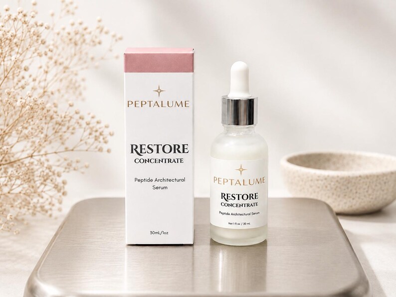 Puede incluir: Una caja rectangular blanca y un frasco cuentagotas de vidrio transparente de Peptalume Restore Concentrate Peptide Architectural Serum. El envase presenta texto negro y una secci&oacute;n superior rosa, con un volumen de 30ml/1oz impreso.