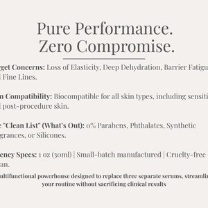 Pode incluir: Texto em fundo creme: "Pure Performance. Zero Compromise." Lista as preocupa&ccedil;&otilde;es alvo, como perda de elasticidade e desidrata&ccedil;&atilde;o profunda. O produto &eacute; biocompat&iacute;vel para todos os tipos de pele, e &eacute; cruelty-free e vegan.