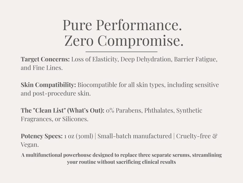 Pode incluir: Texto em fundo creme: "Pure Performance. Zero Compromise." Lista as preocupa&ccedil;&otilde;es alvo, como perda de elasticidade e desidrata&ccedil;&atilde;o profunda. O produto &eacute; biocompat&iacute;vel para todos os tipos de pele, e &eacute; cruelty-free e vegan.