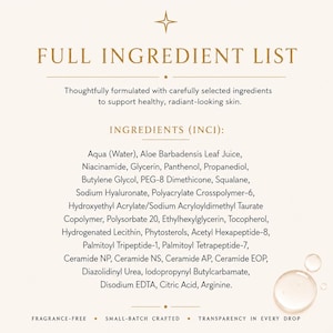 Puede incluir: Un gr&aacute;fico informativo de color crema titulado FULL INGREDIENT LIST con una lista de ingredientes que incluye Aqua, Aloe Barbadensis Leaf Juice, Niacinamide, Glycerin, Panthenol, Propanediol, Butylene Glycol, PEG-8 Dimethicone, Squalane y Sodium Hyaluronate.