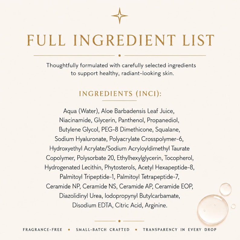 Puede incluir: Un gr&aacute;fico informativo de color crema titulado FULL INGREDIENT LIST con una lista de ingredientes que incluye Aqua, Aloe Barbadensis Leaf Juice, Niacinamide, Glycerin, Panthenol, Propanediol, Butylene Glycol, PEG-8 Dimethicone, Squalane y Sodium Hyaluronate.