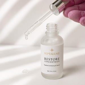 Puede incluir: Un frasco de vidrio esmerilado de Peptalume Restore Concentrate Peptide Architectural Serum con un gotero plateado. La etiqueta muestra el nombre de la marca, el t&iacute;tulo del producto y el volumen Net 1 fl oz / 30 ml. Una gota de l&iacute;quido cuelga.