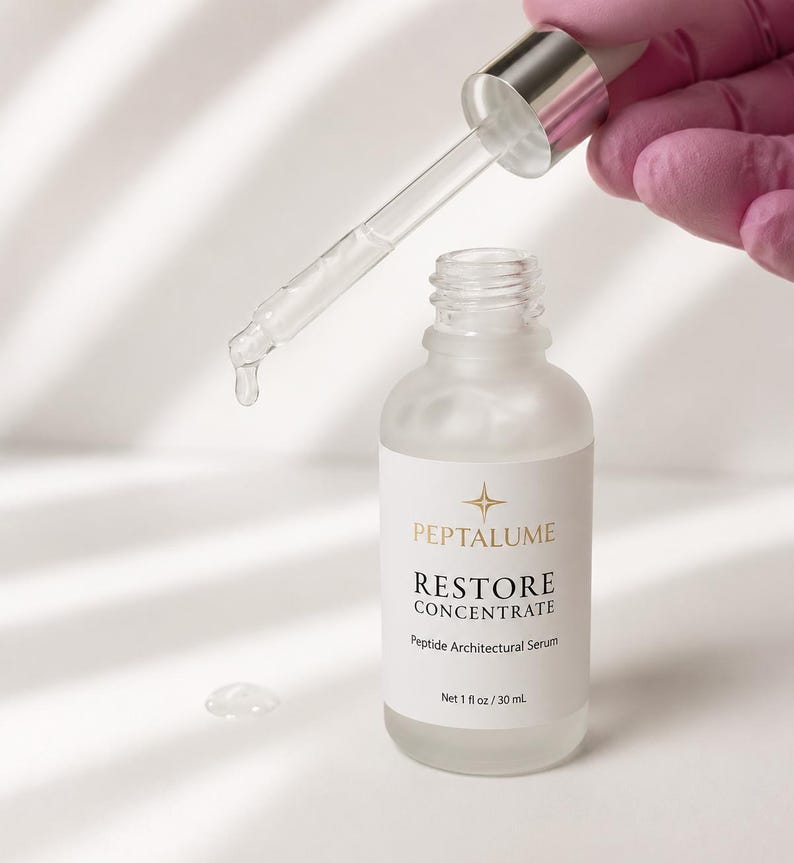 Puede incluir: Un frasco de vidrio esmerilado de Peptalume Restore Concentrate Peptide Architectural Serum con un gotero plateado. La etiqueta muestra el nombre de la marca, el t&iacute;tulo del producto y el volumen Net 1 fl oz / 30 ml. Una gota de l&iacute;quido cuelga.