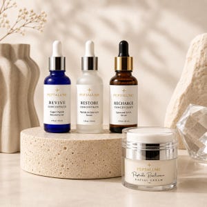 Puede incluir: Tres frascos cuentagotas de vidrio de 30 ml etiquetados como Peptalume Revive, Restore y Recharge Concentrates, junto a un tarro de 30 ml de crema facial Peptalume Peptide Resilience. Los frascos tienen tapas plateadas y doradas.