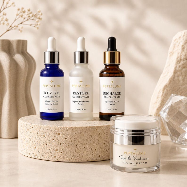 Puede incluir: Tres frascos cuentagotas de vidrio de 30 ml etiquetados como Peptalume Revive, Restore y Recharge Concentrates, junto a un tarro de 30 ml de crema facial Peptalume Peptide Resilience. Los frascos tienen tapas plateadas y doradas.