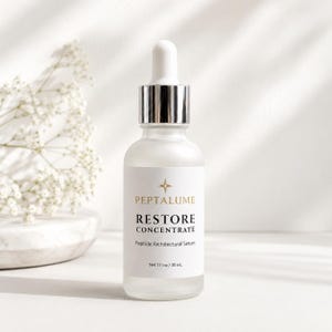 Puede incluir: Un frasco cuentagotas de vidrio esmerilado de suero Peptalume Restore Concentrate Peptide Architectural. La etiqueta blanca presenta un icono de estrella dorada y texto negro, indicando un volumen de 30 ml / 1 fl oz. Tiene un cuello plateado.