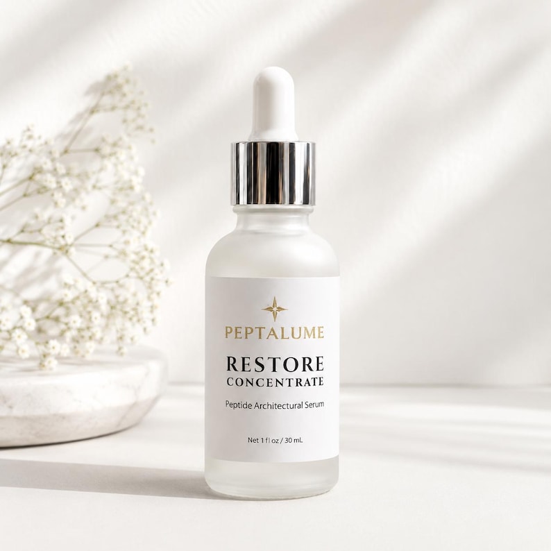 Puede incluir: Un frasco cuentagotas de vidrio esmerilado de suero Peptalume Restore Concentrate Peptide Architectural. La etiqueta blanca presenta un icono de estrella dorada y texto negro, indicando un volumen de 30 ml / 1 fl oz. Tiene un cuello plateado.