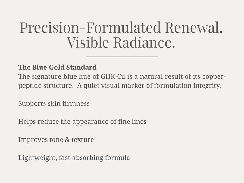 Pode incluir: Num fundo creme, o texto diz: "Precision-Formulated Renewal. Visible Radiance." Detalha "The Blue-Gold Standard" e benef&iacute;cios: apoia a firmeza da pele, reduz linhas finas, melhora o tom e textura, f&oacute;rmula leve.