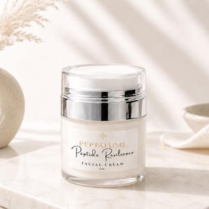 Puede incluir: Un tarro cil&iacute;ndrico de crema facial Peptalume Peptide Resilience con una banda met&aacute;lica plateada y una tapa transparente. La etiqueta blanca presenta texto dorado y un icono de estrella, indicando el nombre y 1 oz de volumen.