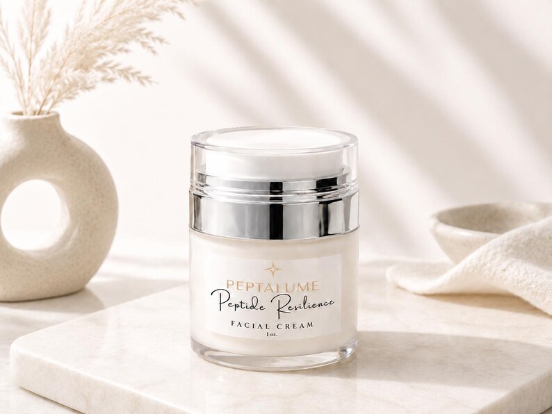 Puede incluir: Un tarro cil&iacute;ndrico de crema facial Peptalume Peptide Resilience con una banda met&aacute;lica plateada y una tapa transparente. La etiqueta blanca presenta texto dorado y un icono de estrella, indicando el nombre y 1 oz de volumen.