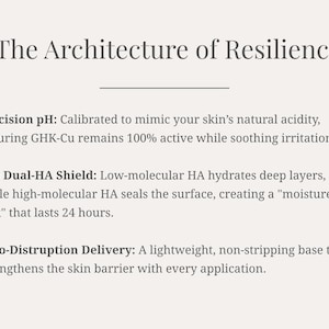 Pode incluir: Texto em fundo bege claro: "A Arquitetura da Resili&ecirc;ncia". Abaixo, detalha os benef&iacute;cios para a pele: pH de precis&atilde;o, The Dual-HA Shield e Entrega sem interrup&ccedil;&atilde;o. O texto descreve as caracter&iacute;sticas e benef&iacute;cios do produto.