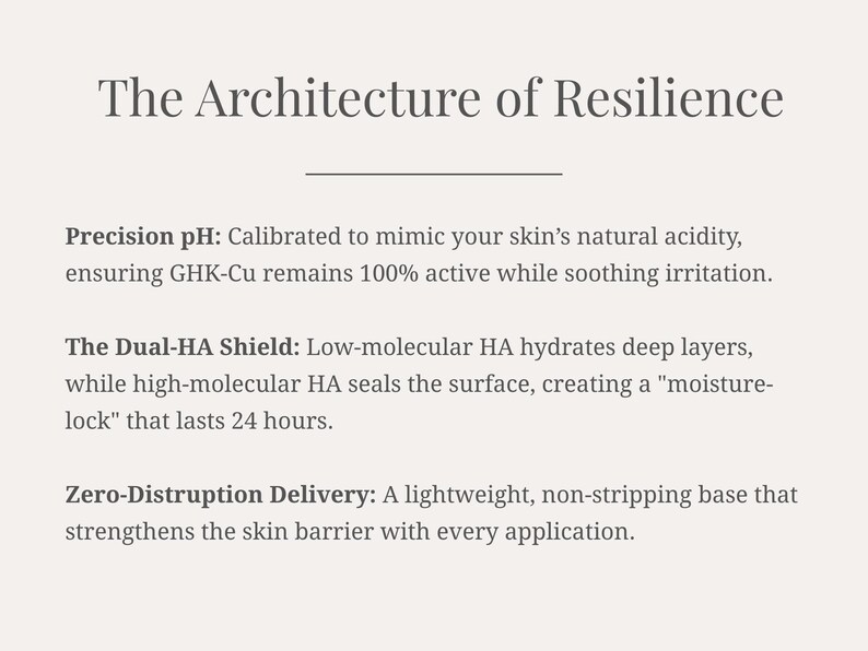Pode incluir: Texto em fundo bege claro: "A Arquitetura da Resili&ecirc;ncia". Abaixo, detalha os benef&iacute;cios para a pele: pH de precis&atilde;o, The Dual-HA Shield e Entrega sem interrup&ccedil;&atilde;o. O texto descreve as caracter&iacute;sticas e benef&iacute;cios do produto.