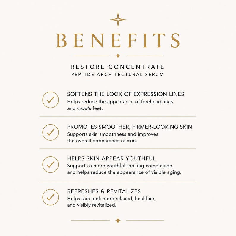 Puede incluir: Un gr&aacute;fico informativo blanco titulado BENEFITS, que enumera RESTORE CONCENTRATE PEPTIDE ARCHITECTURAL SERUM. Contiene cuatro puntos con marcas de verificaci&oacute;n que describen beneficios para la piel: suavizar l&iacute;neas de expresi&oacute;n, promover una piel m&aacute;s firme, apariencia juvenil y refrescar la piel.