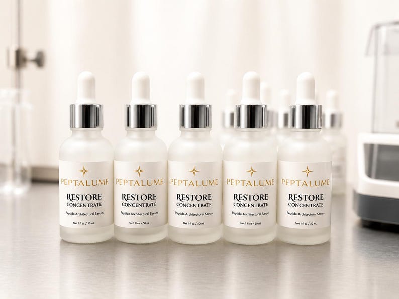 Puede incluir: Cinco frascos cuentagotas de vidrio esmerilado de Peptalume Restore Concentrate Peptide Architectural Serum. Cada frasco tiene una etiqueta blanca con texto dorado, un cuello plateado y una tapa cuentagotas blanca, etiquetado como Net 1 fl oz / 30 ml.