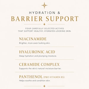 Puede incluir: Un gr&aacute;fico informativo de color crema titulado HYDRATION & BARRIER SUPPORT. Enumera cuatro ingredientes activos: Niacinamida para una piel m&aacute;s brillante, &Aacute;cido Hialur&oacute;nico para hidrataci&oacute;n, Complejo de Ceramidas para la barrera y Pantenol para calmar.