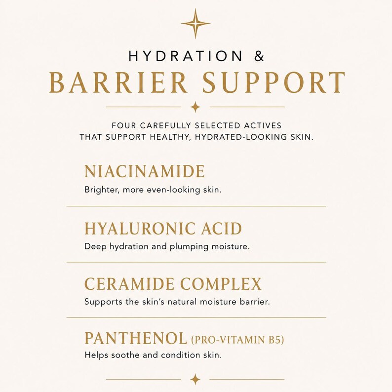 Puede incluir: Un gr&aacute;fico informativo de color crema titulado HYDRATION & BARRIER SUPPORT. Enumera cuatro ingredientes activos: Niacinamida para una piel m&aacute;s brillante, &Aacute;cido Hialur&oacute;nico para hidrataci&oacute;n, Complejo de Ceramidas para la barrera y Pantenol para calmar.