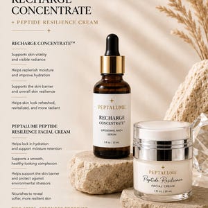 Puede incluir: Un frasco cuentagotas de vidrio marr&oacute;n etiquetado Peptalume Recharge Concentrate Liposomal NAD+ Serum 1 fl oz / 30 mL y un tarro blanco etiquetado Peptalume Peptide Resilience Facial Cream 1 fl oz / 30 mL, ambos con texto sobre beneficios cut&aacute;neos.